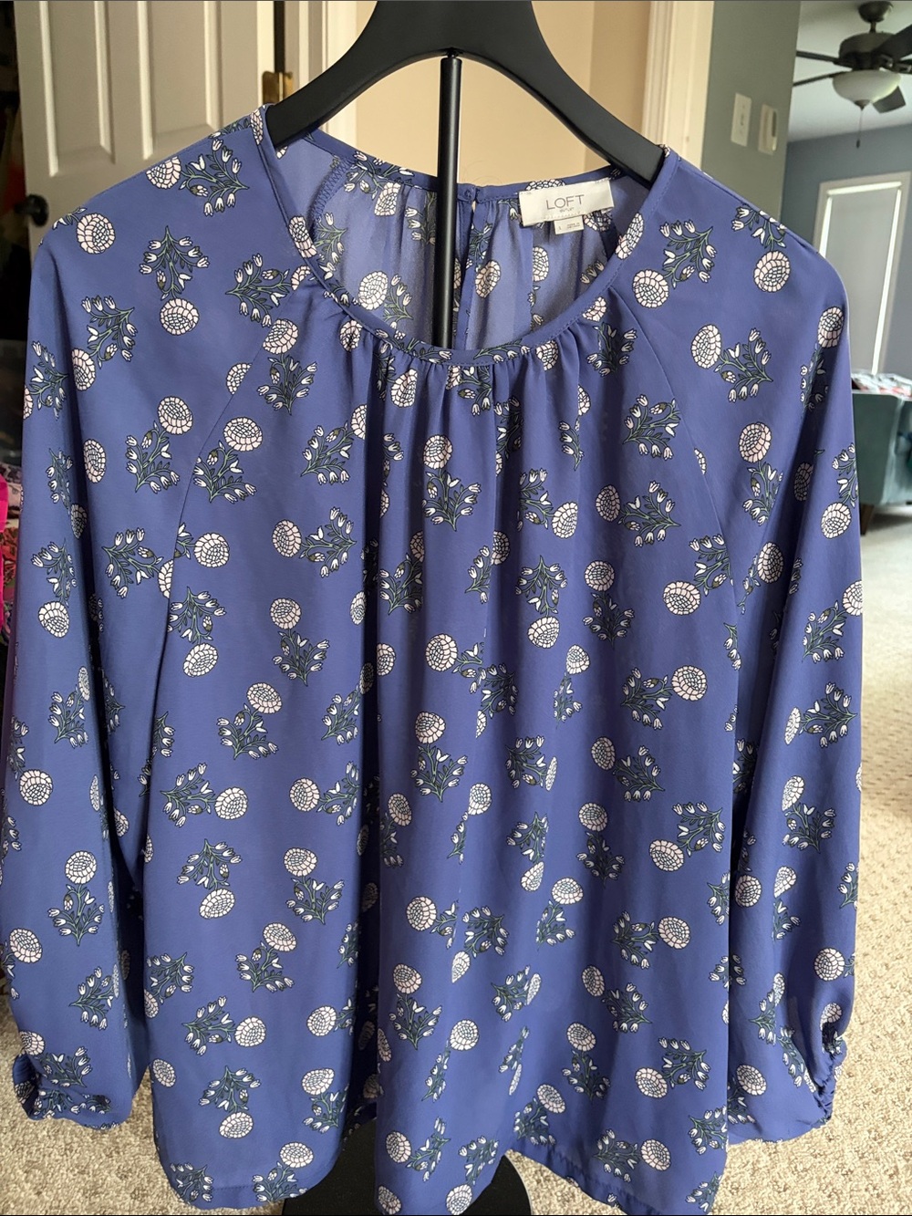 LOFT Outlet Periwinkle Blue Floral-Print Long Sleeve Blouse